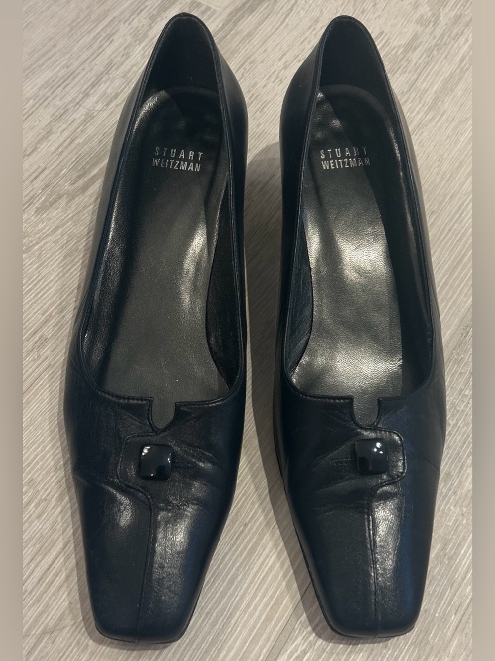 Stuart Weitzman Black Leather Square-Toe Kitten Heels with Decorative Accent